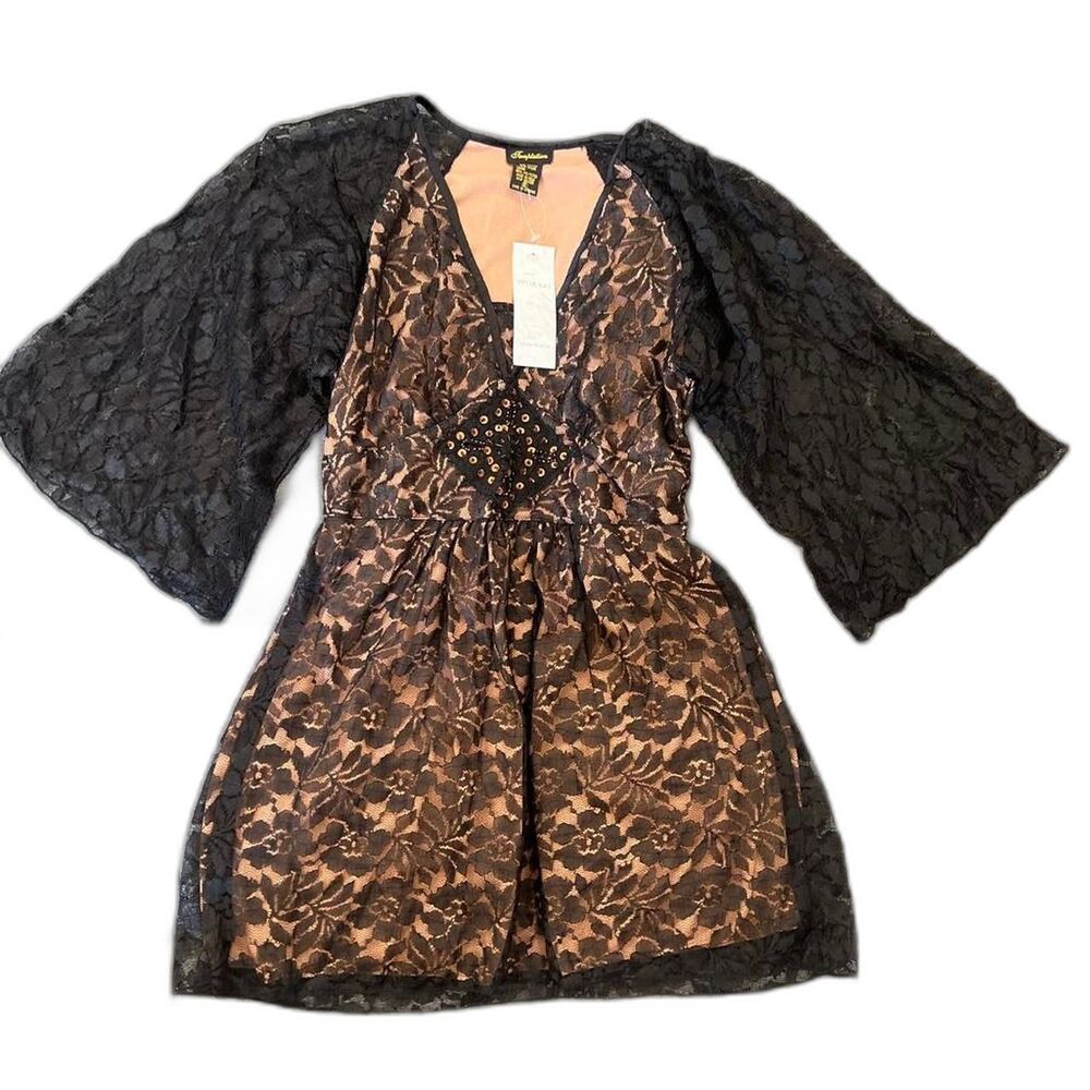 Temptation Black Lace Overlay Mini Dress — Kimono Bell Sleeves